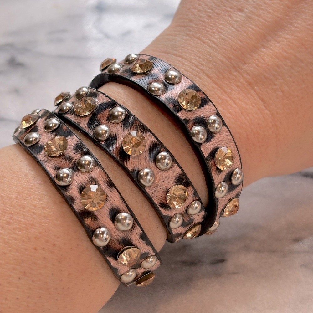 Animal Print Leopard Print Studded Wrap Leather Bracelet‎